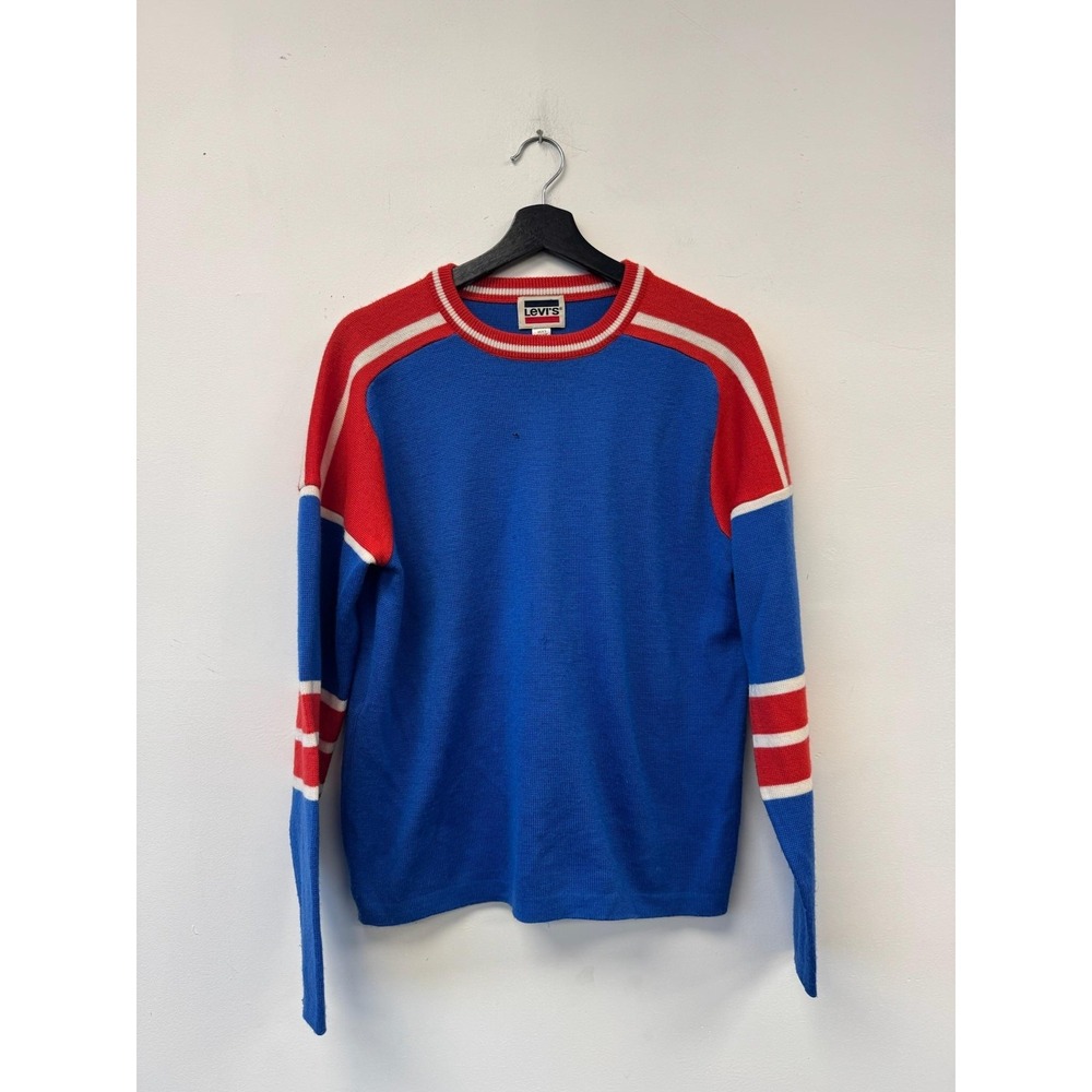 Vintage Levis Sweater Medium Blue Red‎ Crewneck Knit Retro Stripe Pullover 80s